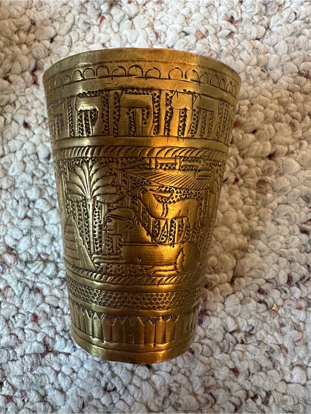 Brass Engraved Decorative Cup with Egyptian Motif - Gold